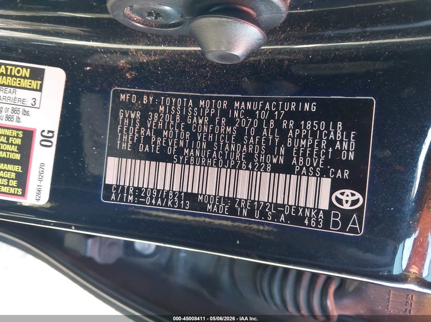 2018 Toyota Corolla VIN 5YFBURHE0JP764228 IAAI salvage auction — FRONT END, Salvage Certificate (California), sold $2,200 on 2026-07-24 (photo 9)