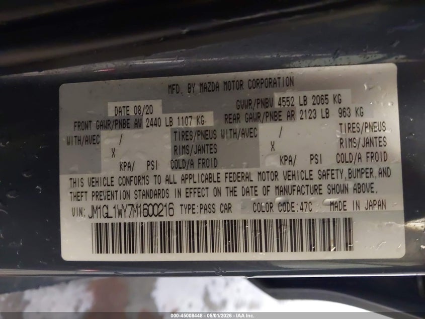 2021 Mazda 6 VIN JM1GL1WY7M1600216 IAAI salvage auction — REAR END, Original (Texas), sold $5,425 on 2026-07-15 (photo 9)