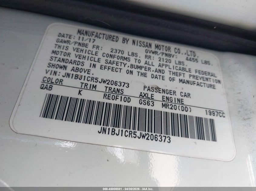 2018 Nissan Rogue VIN JN1BJ1CR5JW206373 IAAI salvage auction — FRONT END, Salvage (California), sold $2,900 on 2026-07-29 (photo 9)
