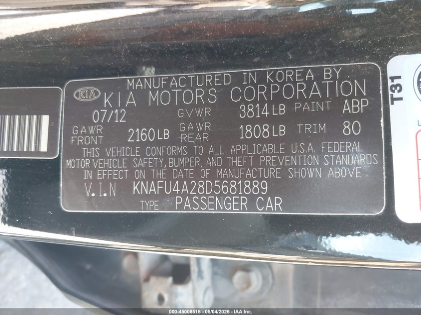 2013 Kia Forte VIN KNAFU4A28D5681889 IAAI salvage auction — HAIL, Clear (Missouri), sold $450 on 2026-07-22 (photo 9)