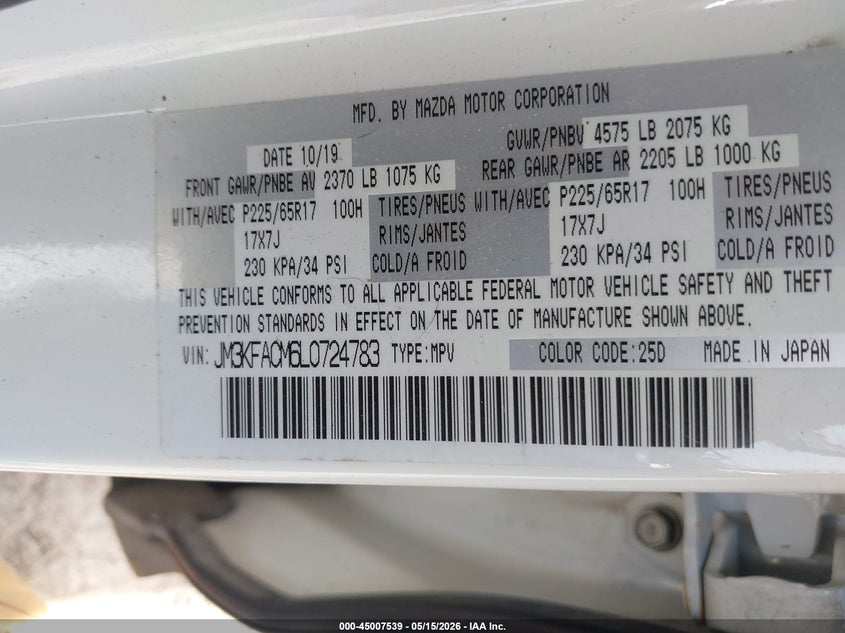 2020 Mazda Cx-5 VIN JM3KFACM6L0724783 IAAI salvage auction — FRONT END, Salvage (Iowa), sold $3,400 on 2026-07-18 (photo 9)