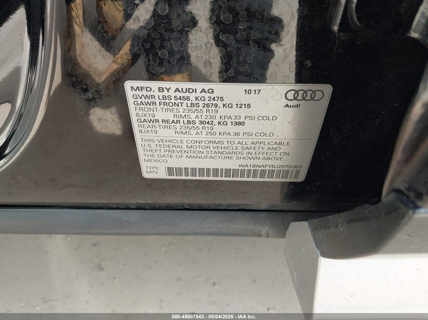 2018 Audi Q5 VIN WA1BNAFY6J2075363 IAAI salvage auction — RIGHT FRONT, Original (Texas), sold $7,400 on 2026-07-30 (photo 9)