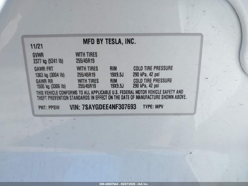 2022 Tesla Model y VIN 7SAYGDEE4NF307693 IAAI salvage auction — HAIL, Salvage (Ohio), sold $13,675 on 2026-07-28 (photo 9)