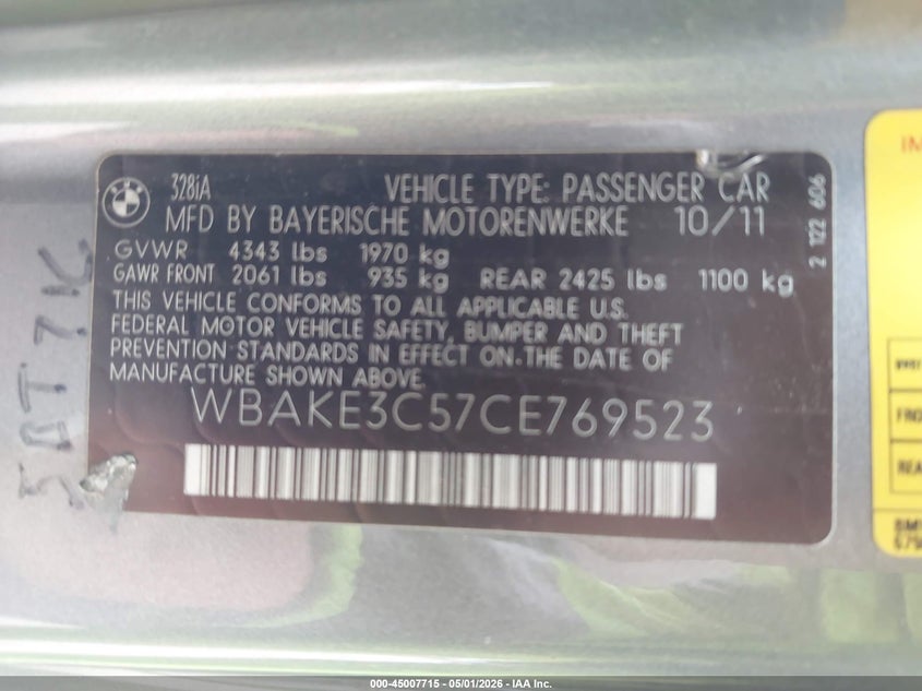 2012 BMW 3er VIN WBAKE3C57CE769523 IAAI salvage auction — RIGHT SIDE, Original (Texas), sold $1,400 on 2026-07-08 (photo 9)