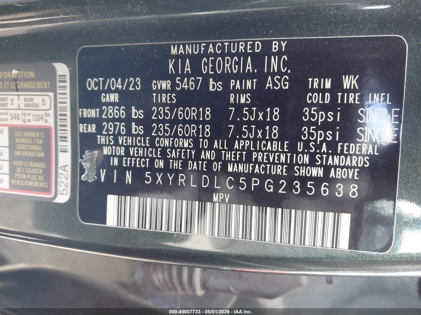 2023 Kia Sorento VIN 5XYRLDLC5PG235638 IAAI salvage auction — RIGHT FRONT, Salvage (Illinois), sold $6,675 on 2026-07-15 (photo 9)
