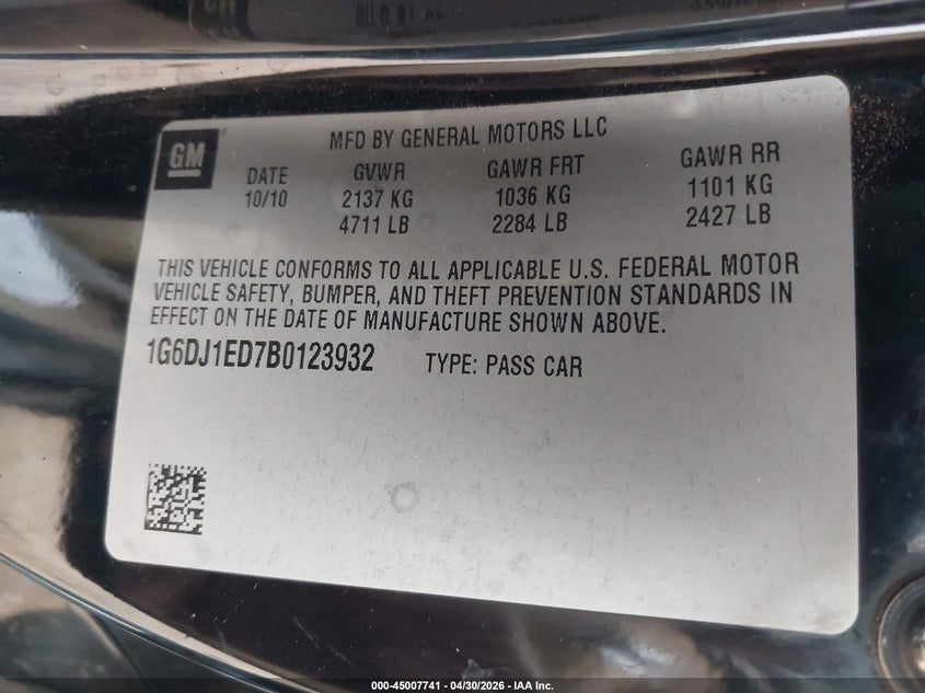 2011 Cadillac Cts VIN 1G6DJ1ED7B0123932 IAAI salvage auction — ENGINE DAMAGE, Original (Texas), sold $375 on 2026-07-12 (photo 9)