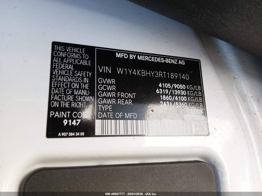 2024 Mercedes-benz Sprinter VIN W1Y4KBHY3RT189140 IAAI salvage auction — LEFT SIDE, Wait Title, sold $14,250 on 2026-07-20 (photo 9)