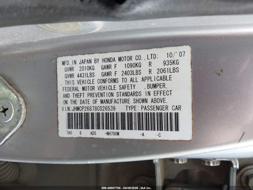 2008 Honda Accord VIN JHMCP26878C026539 IAAI salvage auction — REAR END, Salvage (Alabama), sold $300 on 2026-07-24 (photo 9)