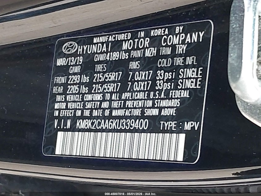 2019 Hyundai Kona VIN KM8K2CAA6KU339400 IAAI salvage auction — FRONT END, Salvage (Indiana), sold $1,850 on 2026-07-24 (photo 9)