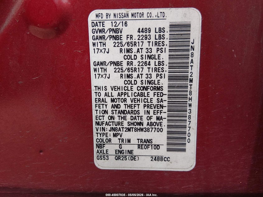 2017 Nissan Rogue VIN JN8AT2MT8HW387700 IAAI salvage auction — VANDALISM, Original (Texas), sold $2,000 on 2026-07-21 (photo 9)