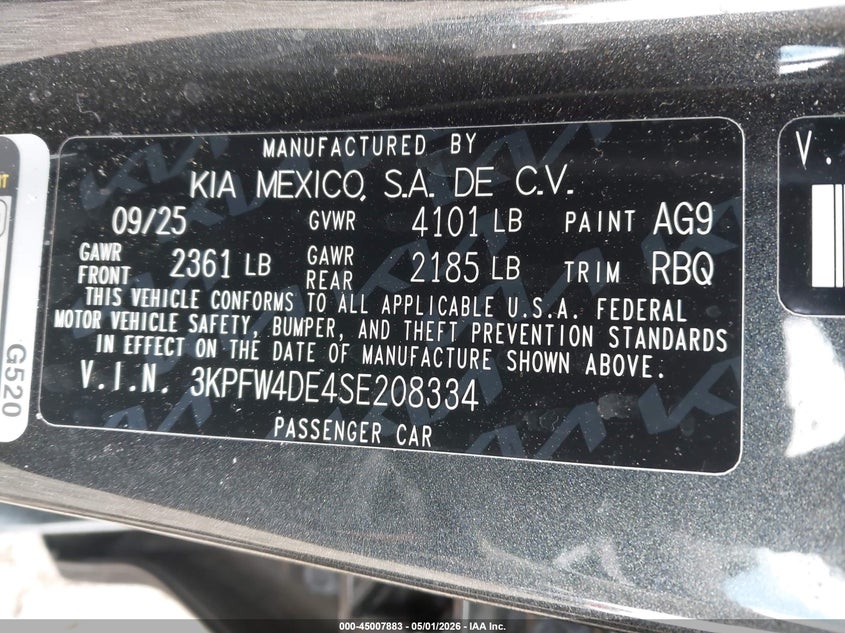 2025 Kia K4 VIN 3KPFW4DE4SE208334 IAAI salvage auction — FRONT END, Salvage (Illinois), sold $7,000 on 2026-07-09 (photo 9)