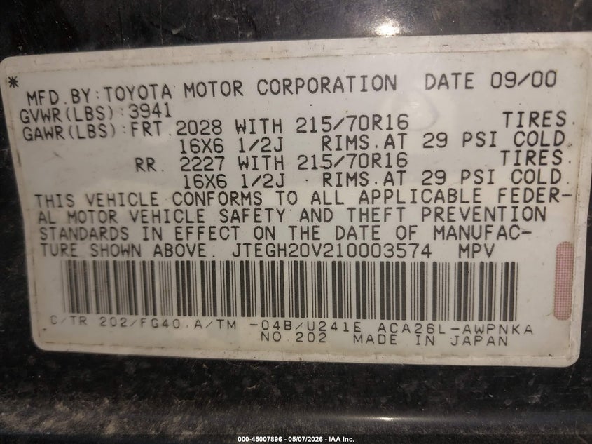 2001 Toyota Rav 4 VIN JTEGH20V210003574 IAAI salvage auction — FRONT & REAR, Clear (Kansas), sold $475 on 2026-07-15 (photo 9)