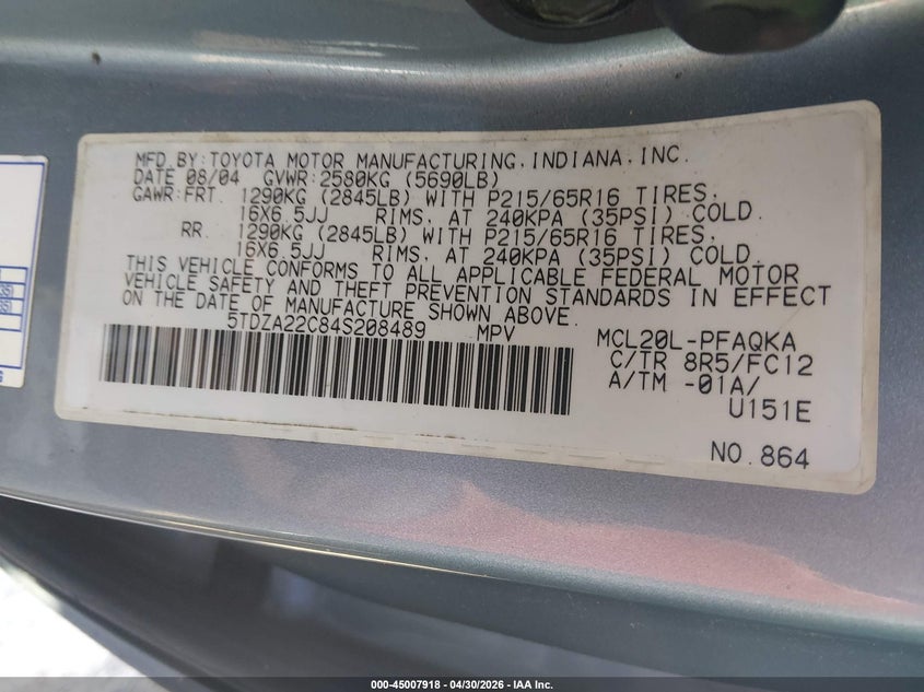2004 Toyota Sienna VIN 5TDZA22C84S208489 IAAI salvage auction — NORMAL WEAR, Salvage (Texas), sold $975 on 2026-07-27 (photo 9)