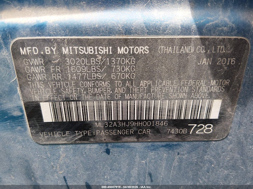 2017 Mitsubishi Mirage VIN ML32A3HJ9HH001846 IAAI salvage auction — NORMAL WEAR, Salvage (Oklahoma), sold $600 on 2026-07-28 (photo 9)