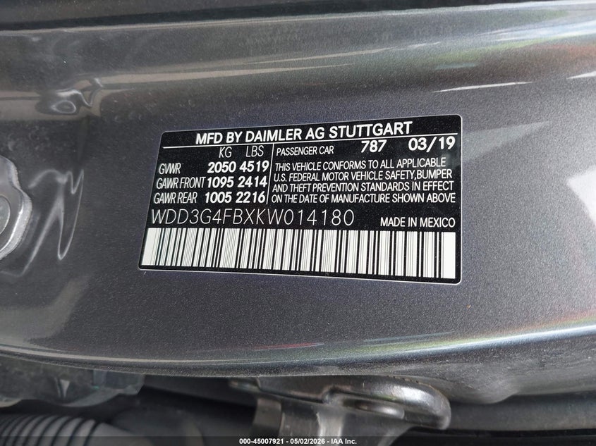 2019 Mercedes-benz A-klasse VIN WDD3G4FBXKW014180 IAAI salvage auction — RIGHT FRONT, Salvage (Iowa), sold $4,650 on 2026-07-29 (photo 9)