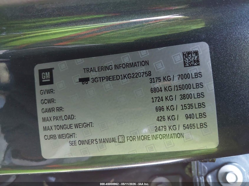 2019 Gmc Sierra 1500 VIN 3GTP9EED1KG220758 IAAI salvage auction — NORMAL WEAR, Clear-Dealer Only (Texas), sold $24,700 on 2026-07-20 (photo 9)
