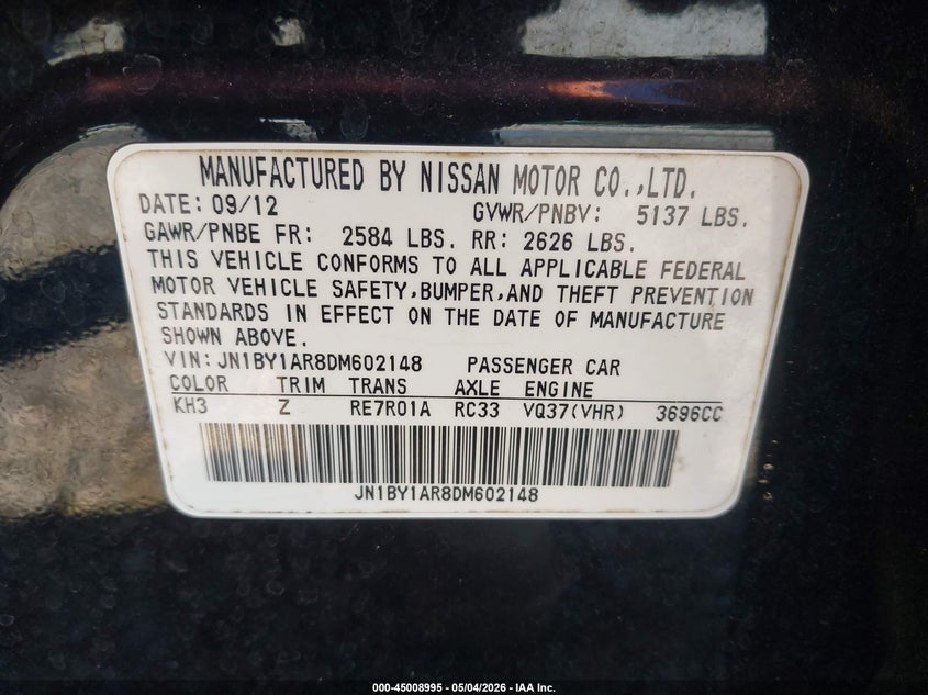 2013 Infiniti M37 VIN JN1BY1AR8DM602148 IAAI salvage auction — FRONT END, Clear (Florida), sold $750 on 2026-07-13 (photo 9)