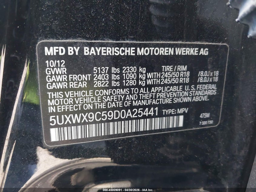2013 BMW X3 VIN 5UXWX9C59D0A25441 IAAI salvage auction — NORMAL WEAR, Clear (Maryland), sold $550 on 2026-07-21 (photo 9)