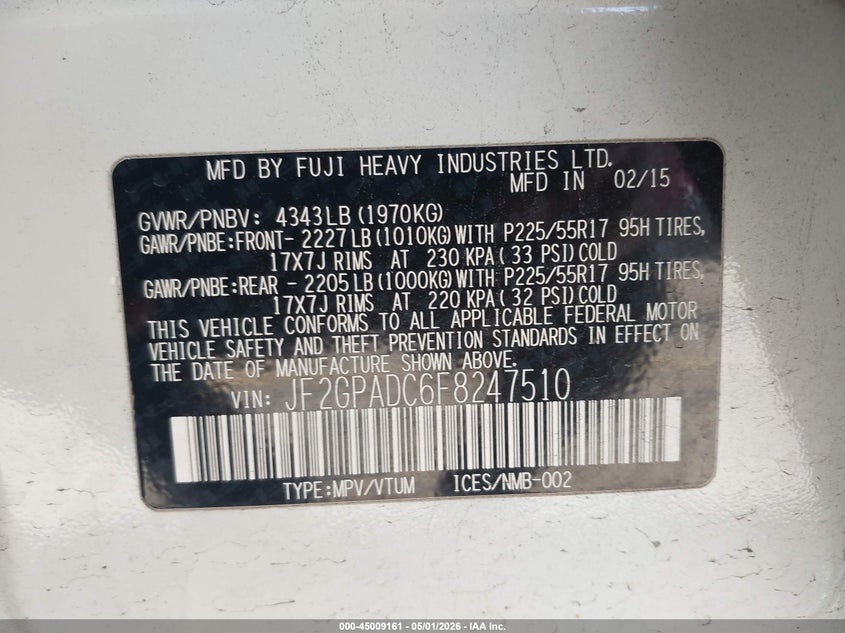2015 Subaru Xv VIN JF2GPADC6F8247510 IAAI salvage auction — FRONT END, Salvage (Connecticut), sold $550 on 2026-07-30 (photo 9)