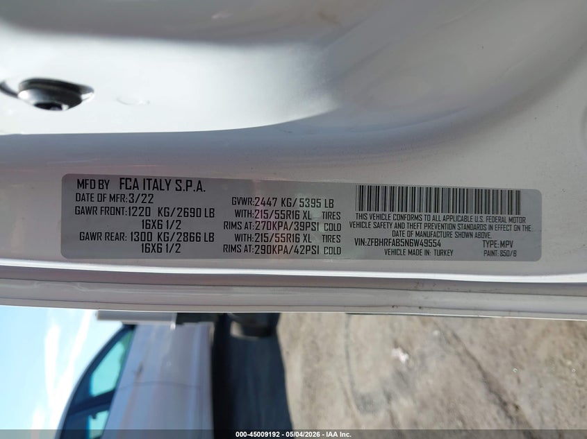 2022 Ram Promaster city VIN ZFBHRFAB5N6W49554 IAAI salvage auction — RIGHT SIDE, Salvage (North Carolina), sold $4,550 on 2026-07-23 (photo 9)