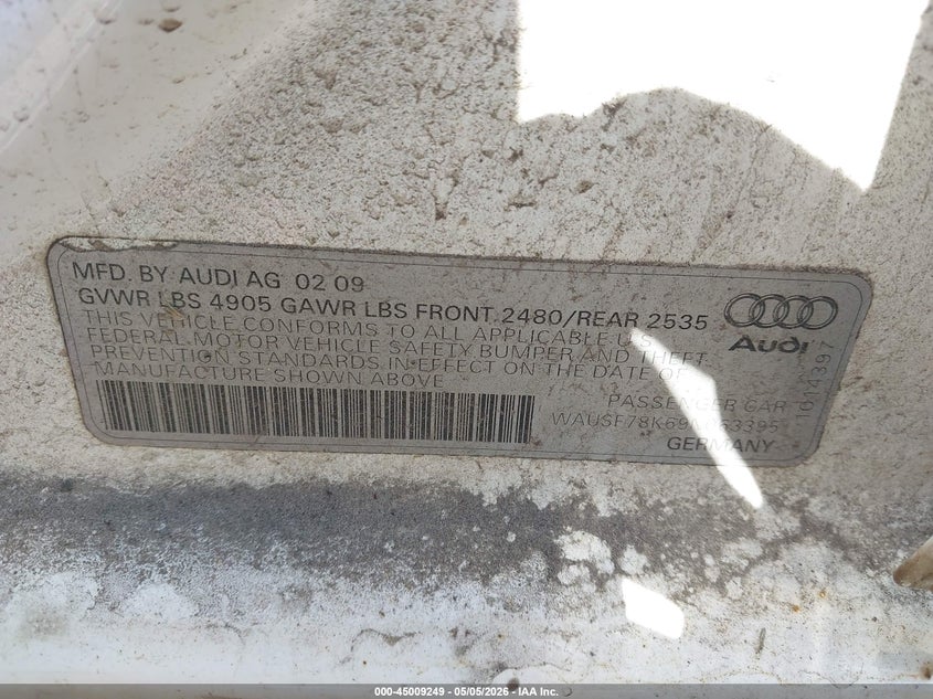2009 Audi A4 VIN WAUSF78K69N063395 IAAI salvage auction — LEFT & RIGHT, Salvage (Idaho), sold $450 on 2026-07-14 (photo 9)