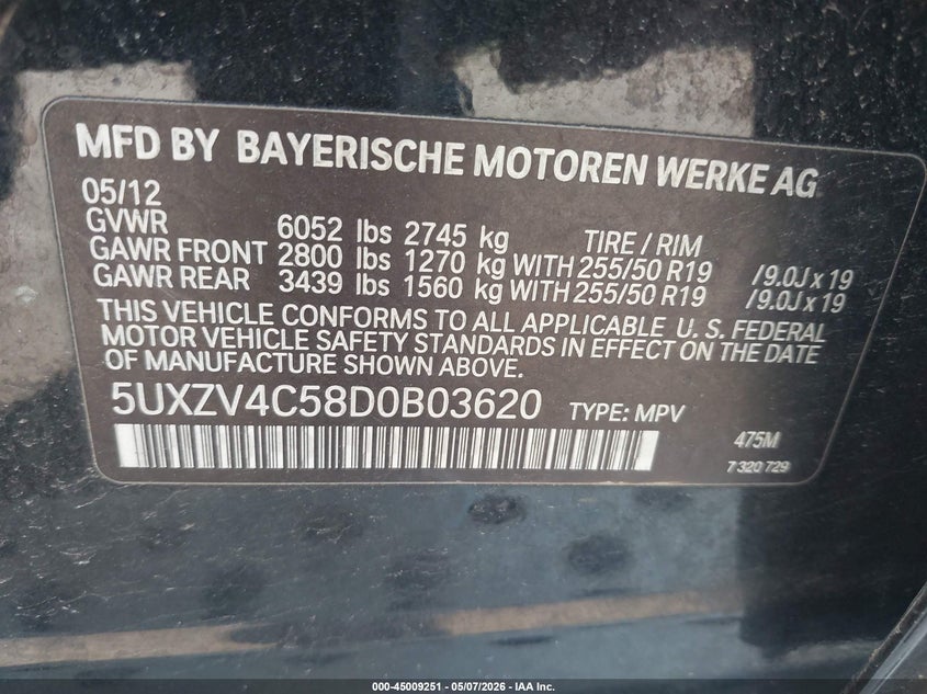 2013 BMW X5 VIN 5UXZV4C58D0B03620 IAAI salvage auction — FRONT END, Salvage (Ohio), sold $975 on 2026-09-05 (photo 9)