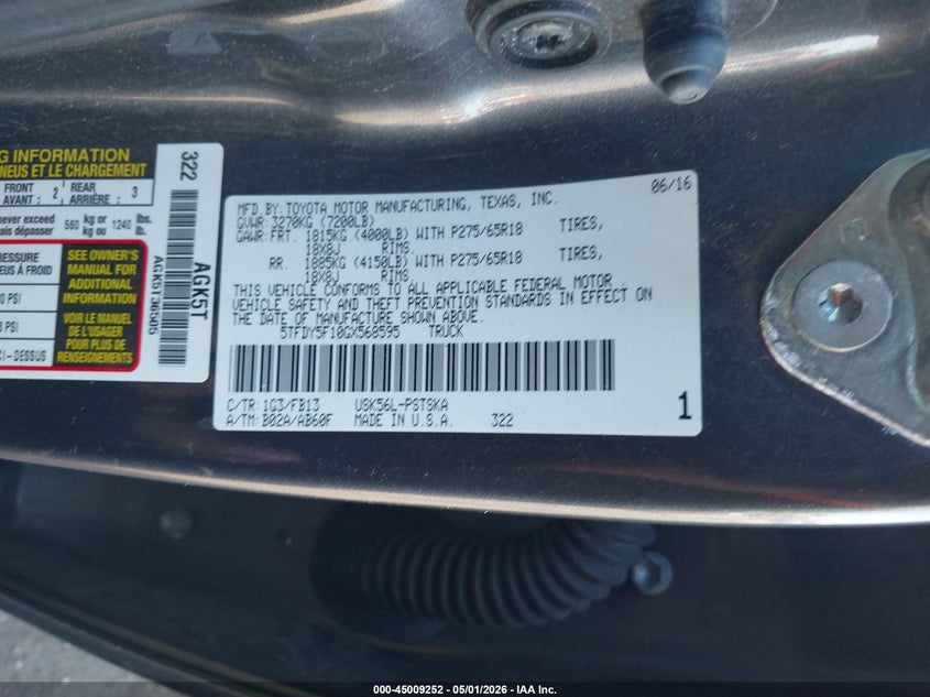 2016 Toyota Tundra VIN 5TFDY5F10GX568595 IAAI salvage auction — SIDE, Wait Title, sold $7,700 on 2026-07-10 (photo 9)