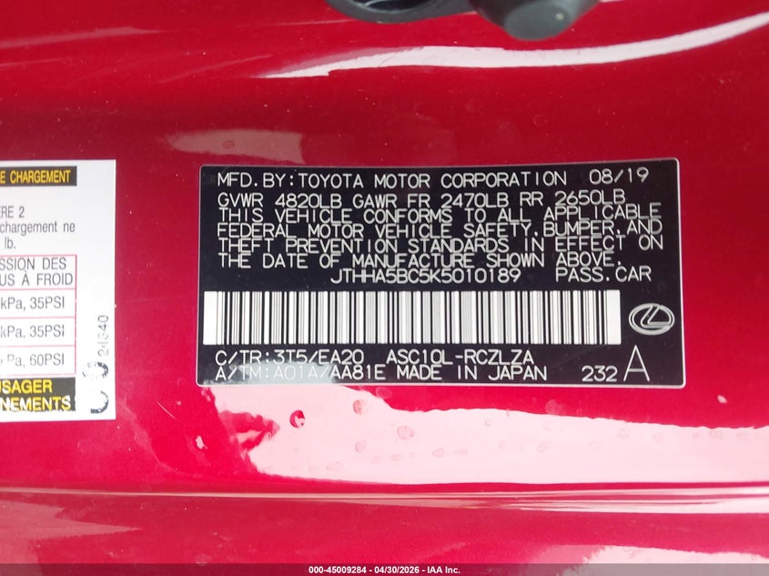 2019 Lexus Rc VIN JTHHA5BC5K5010189 IAAI salvage auction — FRONT END, Salvage (Arkansas), sold $3,000 on 2026-07-22 (photo 9)