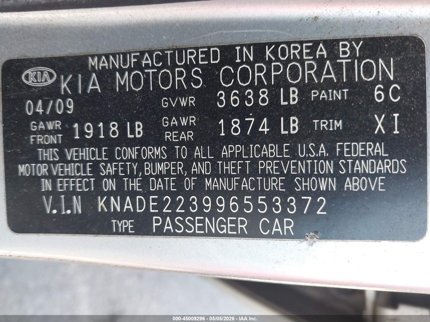 2009 Kia Rio VIN KNADE223996553372 IAAI salvage auction — NORMAL WEAR, Clear (Michigan), sold $300 on 2026-07-20 (photo 9)