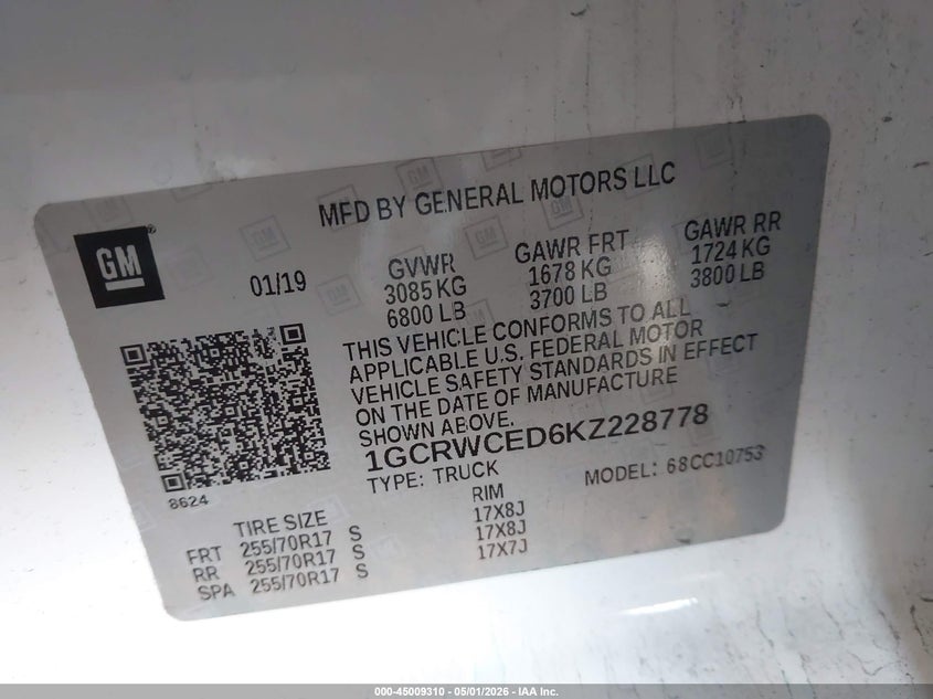 2019 Chevrolet Silverado VIN 1GCRWCED6KZ228778 IAAI salvage auction — FRONT END, Salvage (Arizona), sold $4,550 on 2026-07-11 (photo 9)