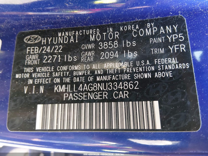 2022 Hyundai Elantra VIN KMHLL4AG8NU334862 IAAI salvage auction — REAR END, Salvage (Illinois), sold $2,650 on 2026-07-07 (photo 9)