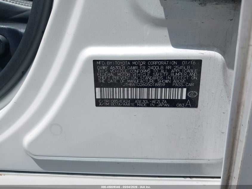 2016 Lexus Is VIN JTHBA1D26G5018859 IAAI salvage auction — BIO HAZARD, Salvage (Texas), sold $1,200 on 2026-07-07 (photo 9)