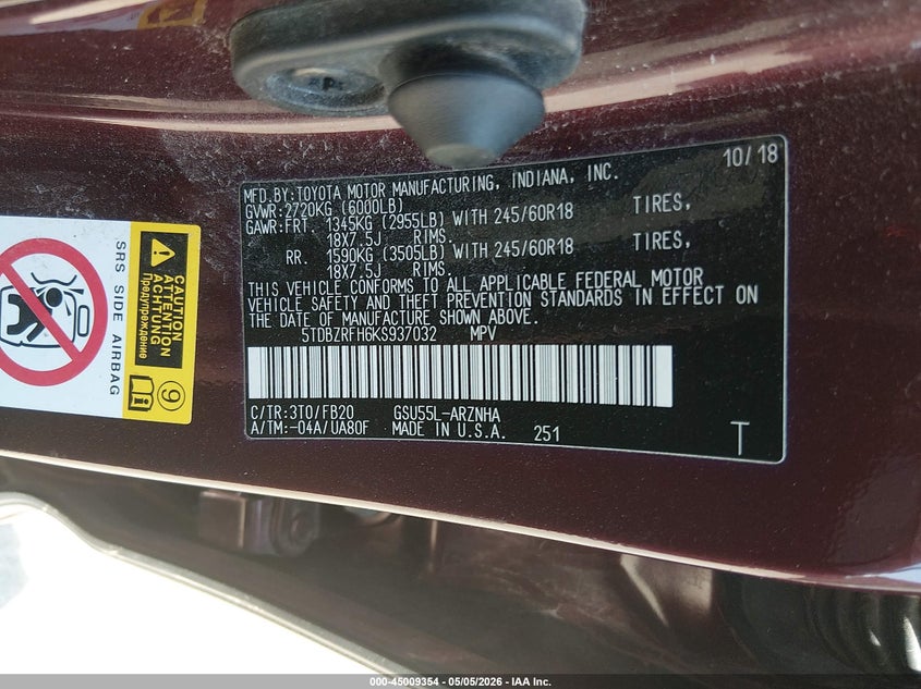 2019 Toyota Highlander VIN 5TDBZRFH6KS937032 IAAI salvage auction — LEFT FRONT, Salvage (Maine), sold $7,900 on 2026-07-20 (photo 9)