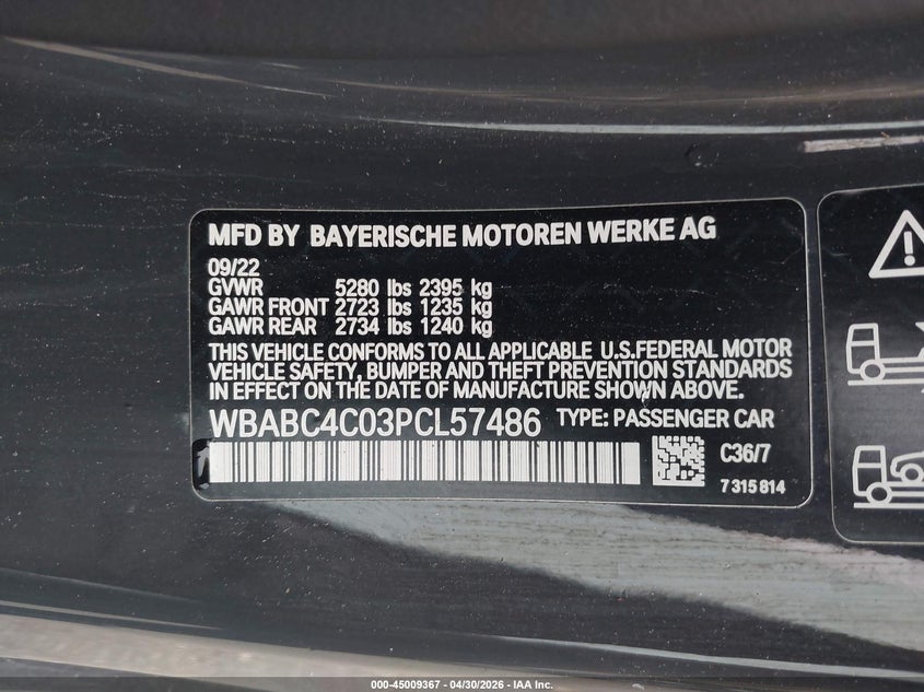 2023 BMW 8er VIN WBABC4C03PCL57486 IAAI salvage auction — LEFT SIDE, Mv-907A (New York), sold $13,100 on 2026-07-21 (photo 9)