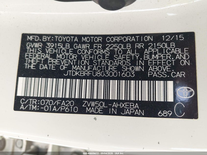 2016 Toyota Prius VIN JTDKBRFU8G3001603 IAAI salvage auction — FRONT END, Salvage (Montana), sold $4,100 on 2026-07-15 (photo 9)