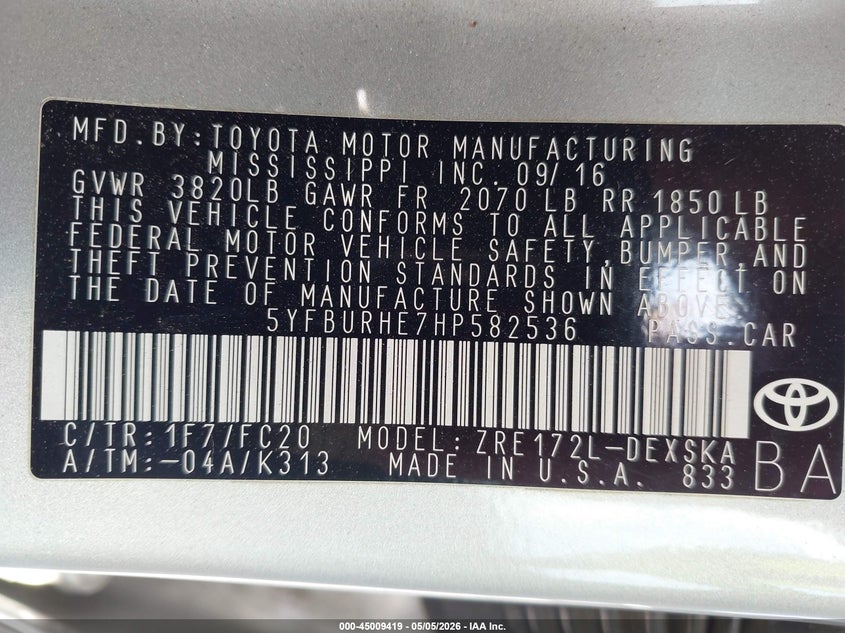 2017 Toyota Corolla VIN 5YFBURHE7HP582536 IAAI salvage auction — FRONT & REAR, Salvage (Texas), sold $1,000 on 2026-07-07 (photo 9)