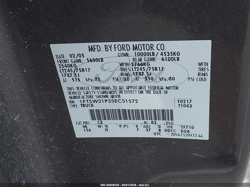 2005 Ford F-250 VIN 1FTSW21P35EC51572 IAAI salvage auction — FRONT END, Clear (Indiana), sold $1,100 on 2026-07-19 (photo 9)