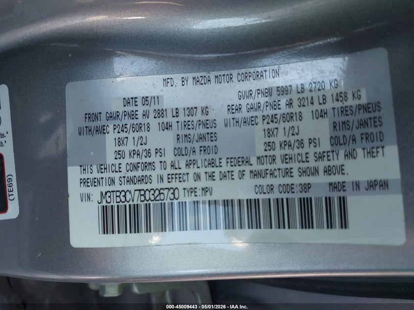 2011 Mazda Cx-9 VIN JM3TB3CV7B0326730 IAAI salvage auction — NORMAL WEAR, Salvage (Texas), sold $300 on 2026-07-27 (photo 9)