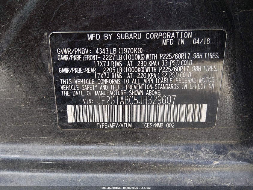 2018 Subaru Xv VIN JF2GTABC5JH329607 IAAI salvage auction — FRONT END, Salvage (West Virginia), sold $4,700 on 2026-07-06 (photo 9)