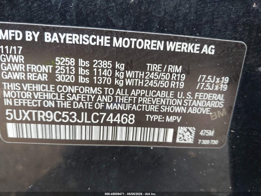2018 BMW X3 VIN 5UXTR9C53JLC74468 IAAI salvage auction — FRONT END, Salvage Title, sold $7,000 on 2026-07-08 (photo 9)