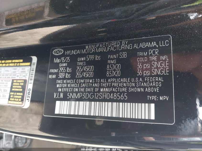 2025 Hyundai Santa fe VIN 5NMP3DG12SH048565 IAAI salvage auction — HAIL, Salvage (Idaho), sold $15,600 on 2026-07-29 (photo 9)