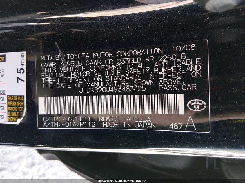 2009 Toyota Prius VIN JTDKB20U493483425 IAAI salvage auction — NORMAL WEAR, Clear (Tennessee), sold $950 on 2026-07-13 (photo 9)