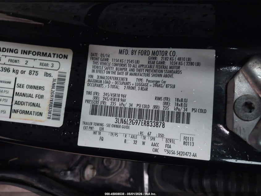 2014 Lincoln Mkz VIN 3LN6L2G97ER833878 IAAI salvage auction — REPOSSESSION, Salvage (Texas), sold $1,000 on 2026-07-10 (photo 9)