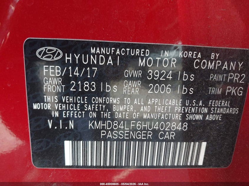 2017 Hyundai Elantra VIN KMHD84LF6HU402848 IAAI salvage auction — LEFT FRONT, Salvage (California), sold $2,200 on 2026-07-07 (photo 9)