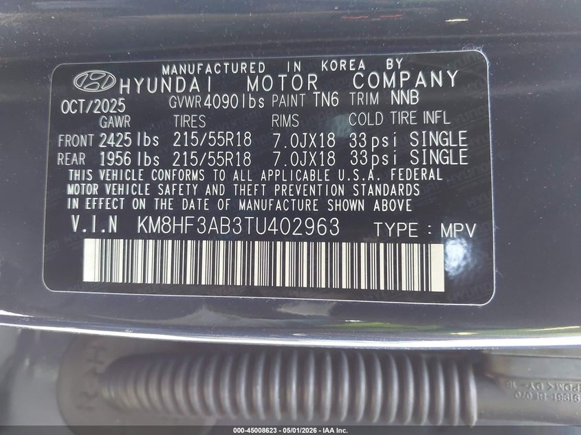2026 Hyundai Kona VIN KM8HF3AB3TU402963 IAAI salvage auction — REAR END, Wait Title, sold $7,625 on 2026-08-19 (photo 9)