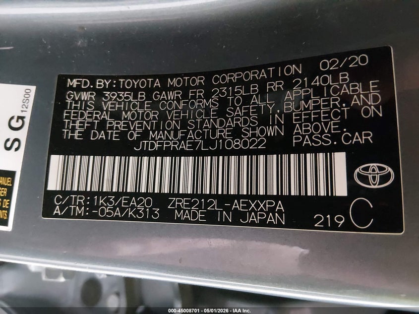 2020 Toyota Corolla VIN JTDFPRAE7LJ108022 IAAI salvage auction — FRONT END, Salvage (Idaho), sold $300 on 2026-07-20 (photo 9)
