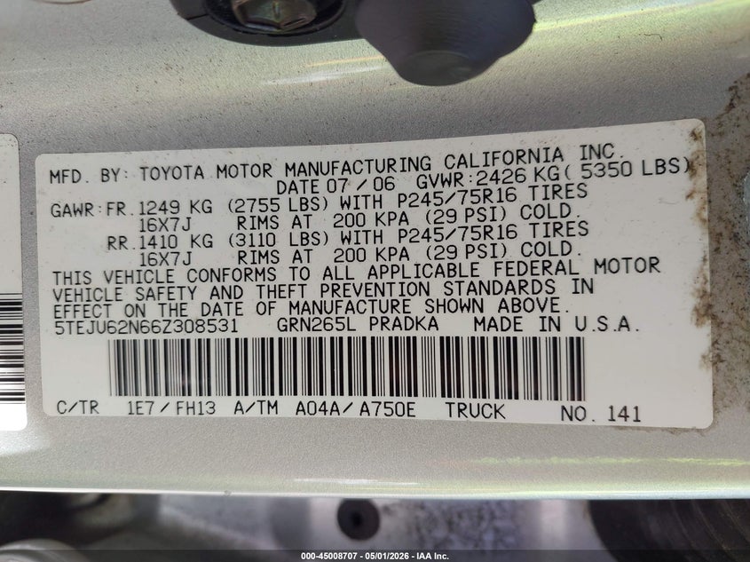 2006 Toyota Tacoma VIN 5TEJU62N66Z308531 IAAI salvage auction — LEFT REAR, Salvage (Hawaii), sold $1,550 on 2026-07-28 (photo 9)