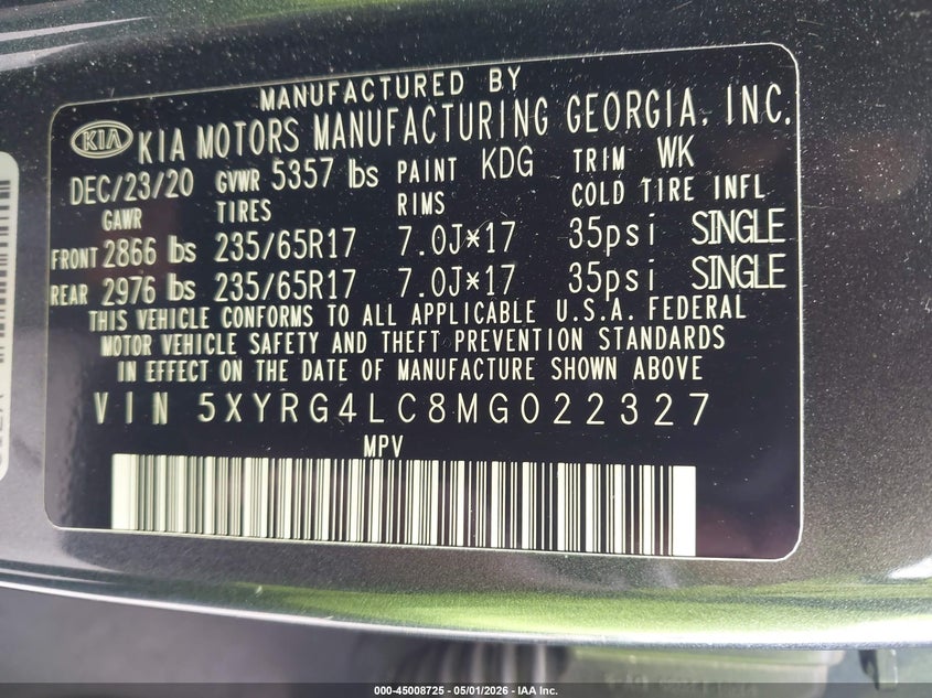 2021 Kia Sorento VIN 5XYRG4LC8MG022327 IAAI salvage auction — FRONT END, Wait Title, sold $5,350 on 2026-07-13 (photo 9)