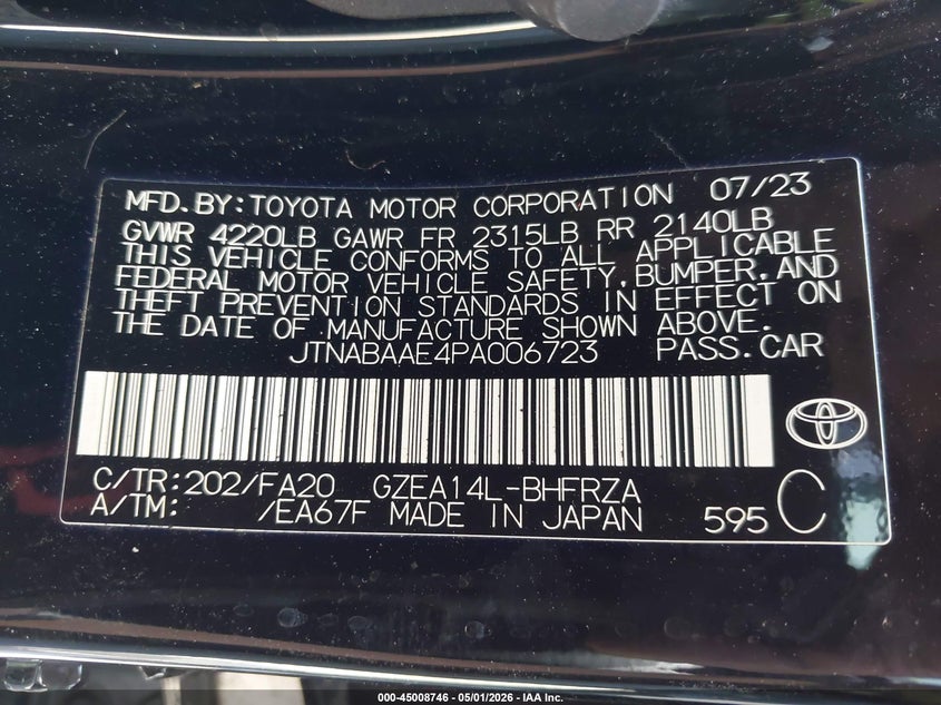 2023 Toyota Corolla VIN JTNABAAE4PA006723 IAAI salvage auction — FRONT & REAR, Non-Repairable (California), sold $950 on 2026-07-15 (photo 9)
