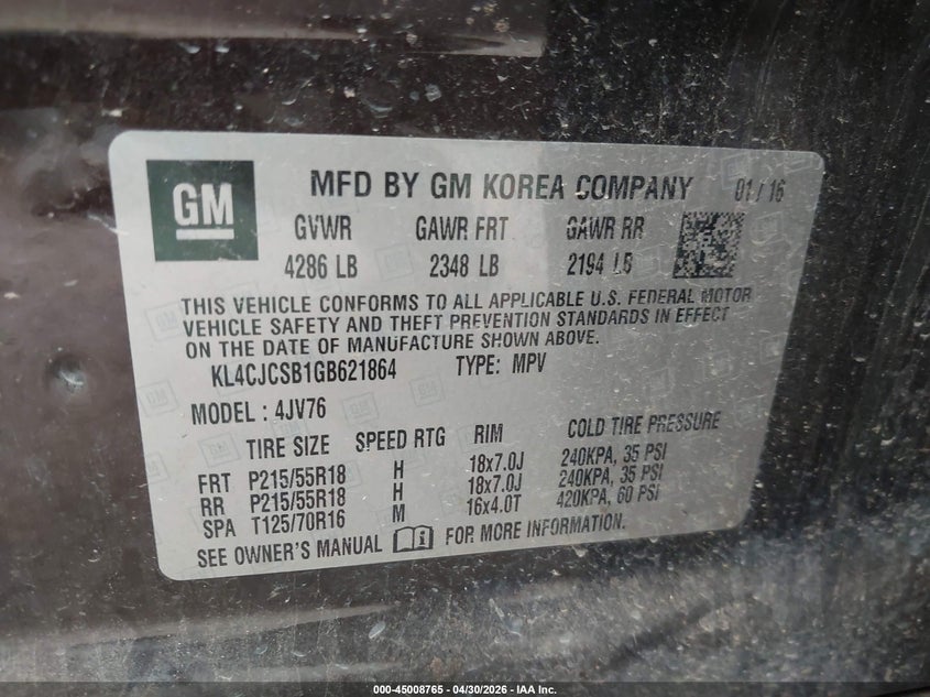 2016 Buick Encore VIN KL4CJCSB1GB621864 IAAI salvage auction — SIDE, Original (Texas), sold $1,300 on 2026-07-21 (photo 9)